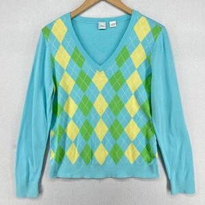 REAL CLOTHES Sweater Womens L Cotton Knit Argyle V-Neck Long Sleeve Blue HK